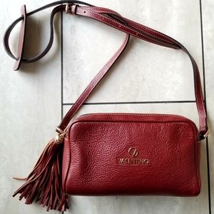 Valentino Double Zip Crossbody Bag Maroon Leather
